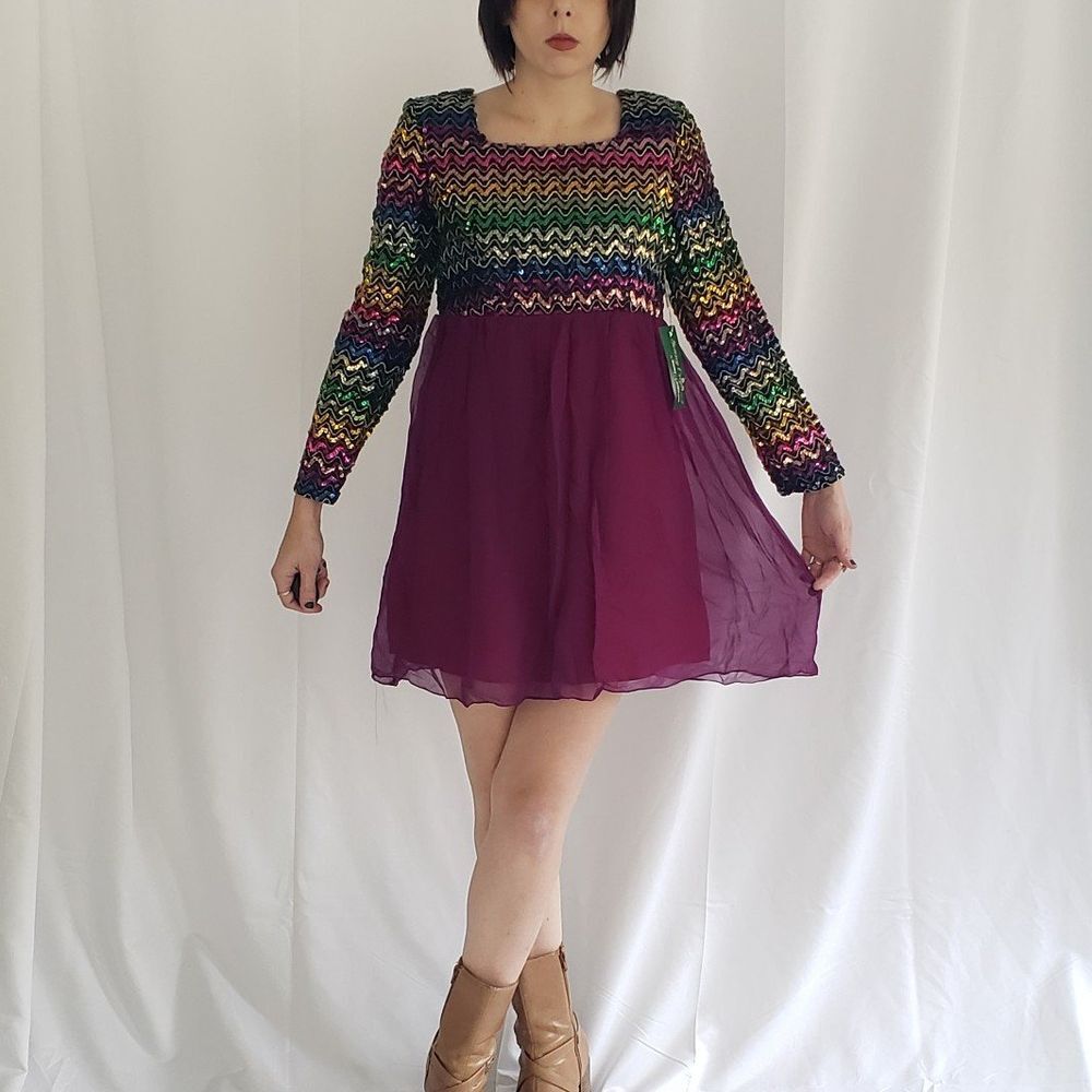 70s Deadstock Sequined Purple and Black Mini‎ Dress